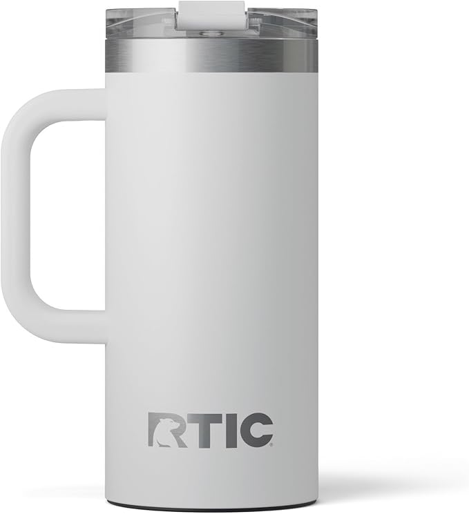 RTIC 16oz Road Trip Travel Mug with Lid and Handle, Ceramic Lined, Insulated, Stainless Steel, Metal, Double Wall Vacuum-Insulation, Portable Coffee, Tea Cup for Hot and Cold Drink, Cool Grey