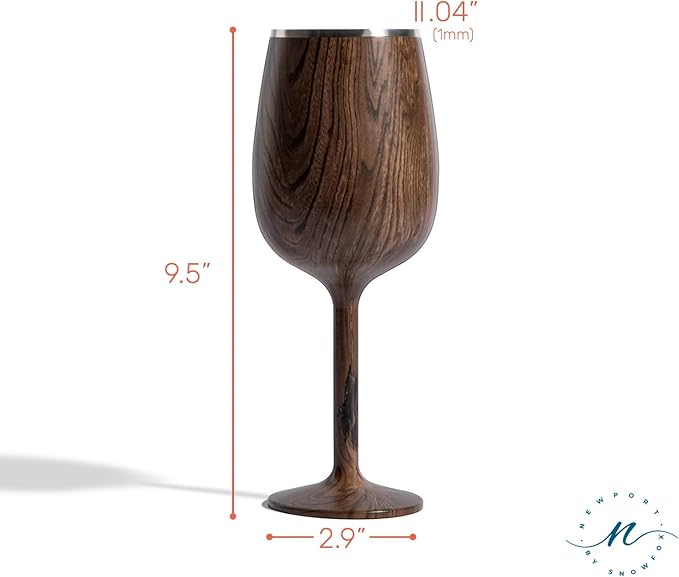 NEWPORT Stemware Collection Premium Vacuum Insulated Stainless Steel Wine Glass, Lightweight Wine Glass, Unbreakable & Drinks Stay Cold, Non-Slip Silicon Base, Cocktail Glasses, 12oz, Dark Walnut