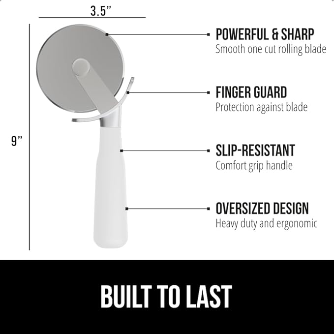 GORILLA GRIP BPA-Free Large Pizza Cutter Wheel, 9 Inch, Sharp Stainless Steel Blade, Slip Resistant Handle with Thumb Guard Protection, Slice Thick or Thin Pizzas, Pie, Pastries in Seconds, White