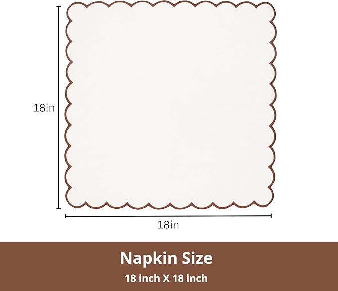 PurpleEssences Scalloped Embroidery Cloth Napkins Christmas Holiday Winter Table Decor 100% Cotton Set of 4-18 x 18 inch - Beige - Edges - Brown
