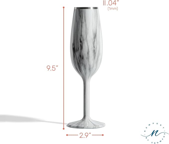 NEWPORT Stemware Collection, Premium Vacuum Insulated Stainless Steel Sparkling Wine & Champagne Flute, Crystal Thin Champagne Glass, Unbreakable & Drinks Stay Cold, Non-Slip Silicon Base, 6oz, Marble