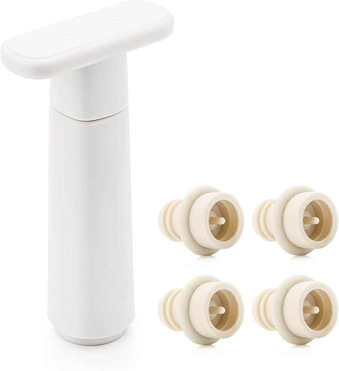 Wine Saver Vacuum Pump with 4 Stoppers, Wine Stopper & Preserver, Reusable Bottle Sealer Keeps Fresh, Ideal Accessories Gift, Flat Handle (White)