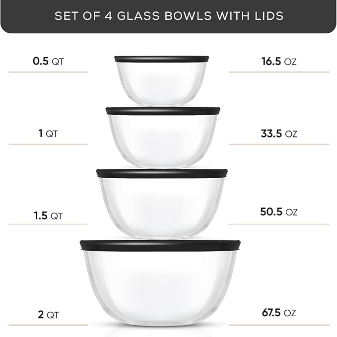JoyJolt Kitchen Mixing Bowls - 8pc Glass with Lids Set – Neat Nesting Large Bowl Batter Cooking Storage and Big Salad BPA-Free Black
