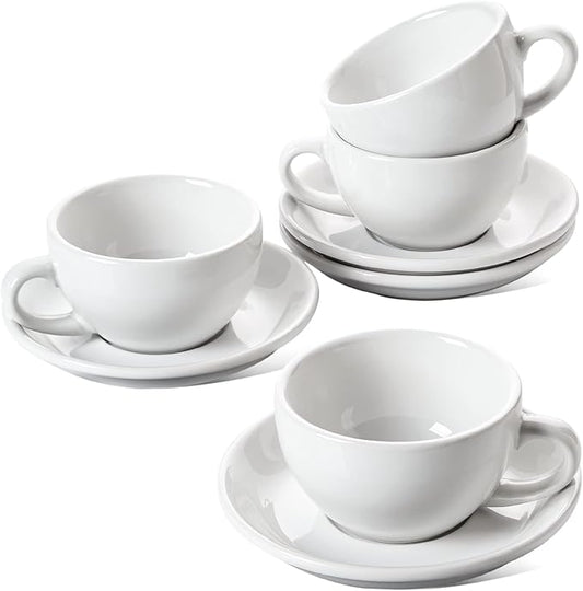 LE TAUCI 8 oz Cappuccino Cups with Saucers, Heavyweight Ceramic Large Coffee Cup for Au Lait, Double shot, Latte, Cafe Mocha, Tea - Dishwasher Safe, Set of 4, White