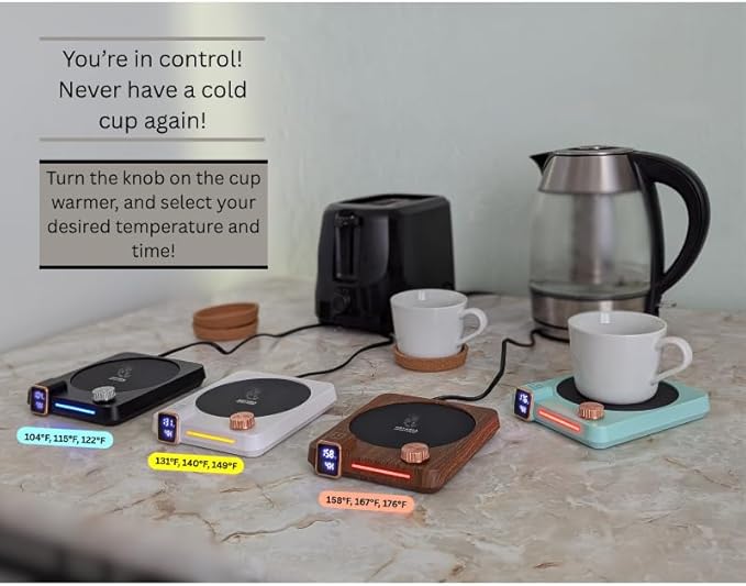 Hot Drink Beverage Warmer. Coffee, Milk, Tea, Cappuccino, Mocha, Candles, Dial Tempreture and Digital Display. Desk, Office, Workplace. 105F- 176F. 4 Hour shutoff, 1-12 Hour Schedule. (White)