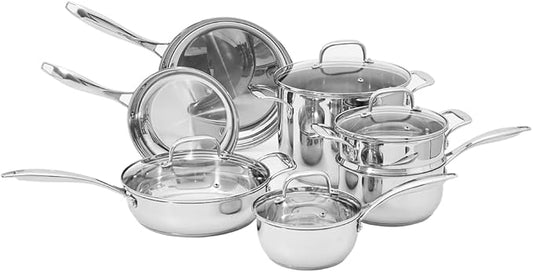 Amazon Basics Stainless Steel Cookware 11-Piece Set, Oven Safe, Pots and Pans, Induction-Ready, Even Heating, Easy to Clean, Heavy Duty, Silver