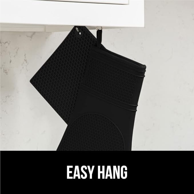 GORILLA GRIP BPA-Free Soft Silicone Oven Mitts and Pot Holders Sets of 4, Heat Resistant Waterproof Cooking Gloves, Thick Cotton Lining, Flexible Gripping for Baking Grilling, Kitchen Trivets, Black