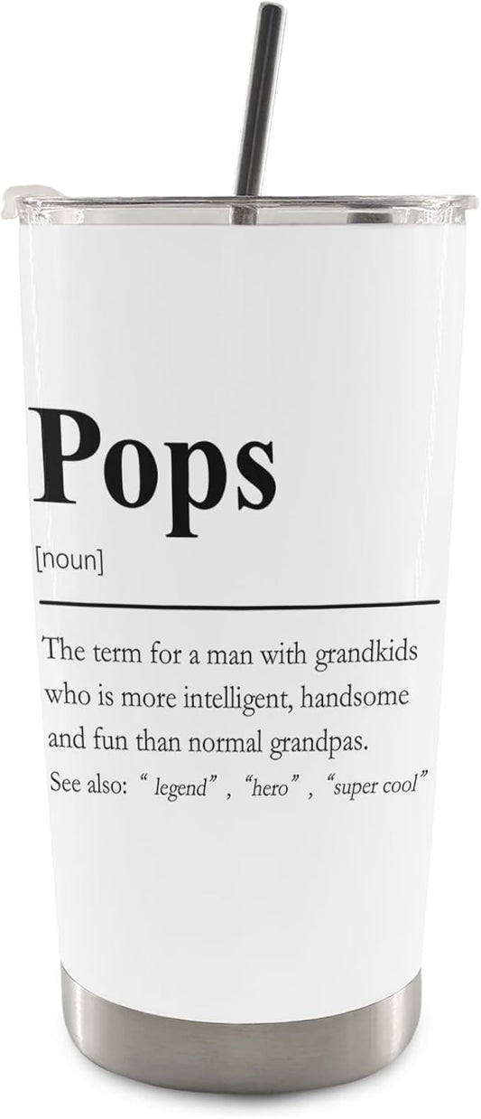 QASHWEY Pops Gifts Coffee Tumbler - Pop Pop Grandpa Gifts from Grandkids Travel Tumbler Coffee Mug, Gift for Pop Grandpa Fathers Day, Pops Definition Stainless Steel Tumblers with Straw and Lid 20 oz
