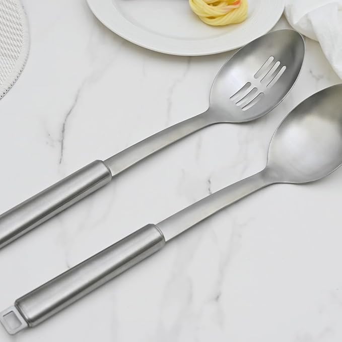 18/0 Stainless Steel Cooking Spoons Set, Serving Spoon & Slotted Spoon, Kitchen Cooking Utensils Set, Housewarming Daily Use Commercial, Pack of 2