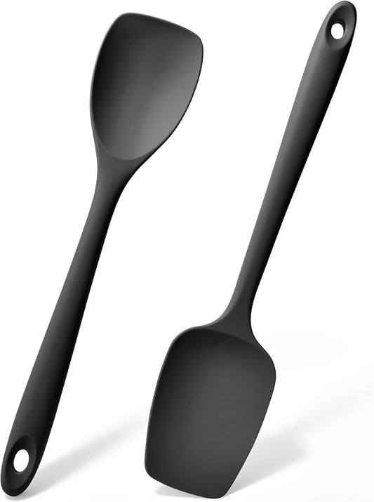 Doosu Silicone Spoon Spatula Set of 2, 600ºF Heat-Resistant Food Grade Rubber Spoonula with Seamless Design, Non-Stick Dishwasher Safe Kitchen Utensils for Cooking, Baking, Mixing, Scraping (Black)