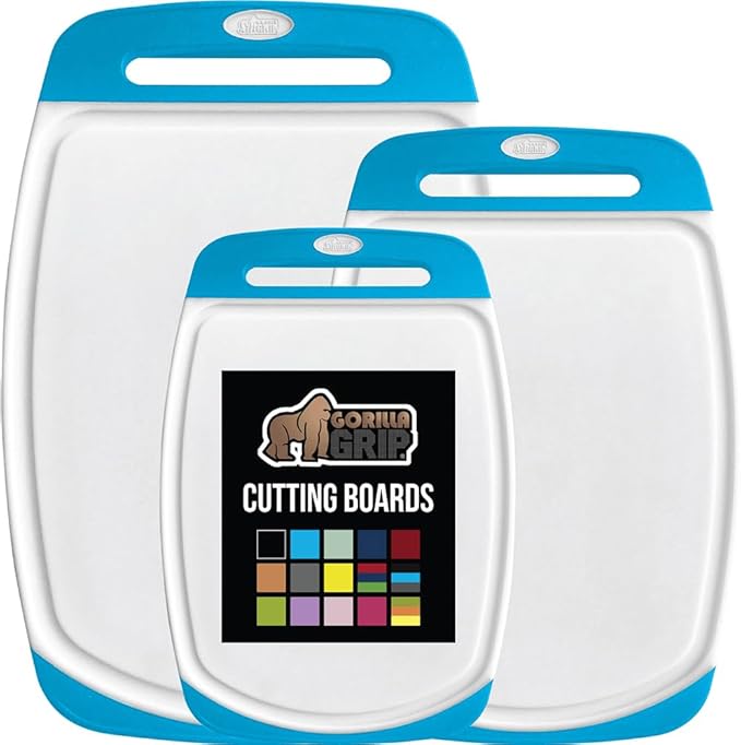 GORILLA GRIP BPA-Free Reversible Kitchen Cutting Board Set of 3, US Designed, Nonporous, Juice Grooves Catch Liquid, Slip Resistant Border, Dishwasher Safe, Durable Large Food Chopping Boards, Aqua