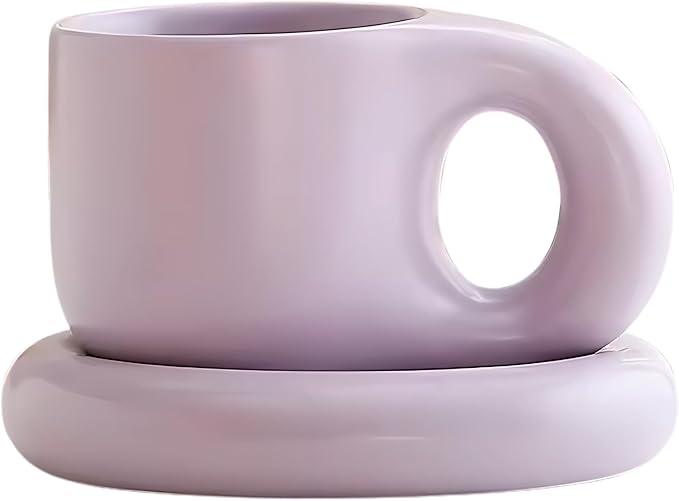 10oz Nordic Ceramic Coffee and Tea Mug – Cute Cup and Saucer Perfect for Coffee Lovers Gifts and Kitchen Essentials (Purple)