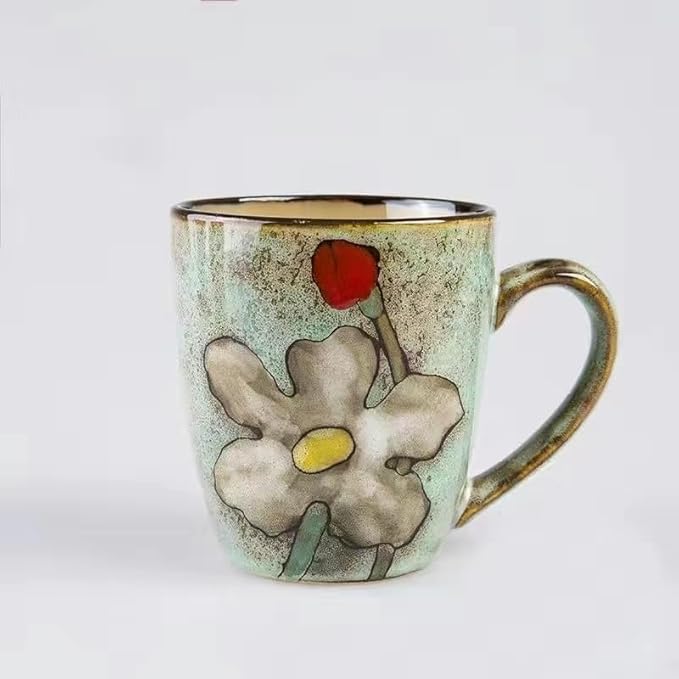 (Coffee mugs set of 4 + 4 Spoons) Hand-painted vintage style,Ceramics 12oz Cappuccino Mug,Tea mugs,Coffee cups,Microwave and Dishwasher Safe, Perfect For Espresso, Latte - Porcelain Mugs for cafe