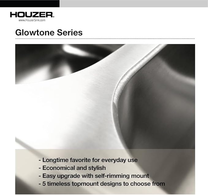 Houzer Glowtone Stainless Steel Kitchen Sink: 25 Inch Drop-in Topmount 3-Hole Single Bowl with Strainer, Durable & Versatile, Essential for Home & Apartment: 2522-8BS3-C
