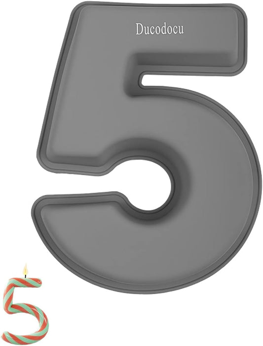 Ducodocu 3D Silicone Cake Pans Large Number Cake Mould Novelty Cake Tins DIY Baking Mold for Birthday Wedding Anniversary 10 inch Number of 5 Gray, 1 Pack