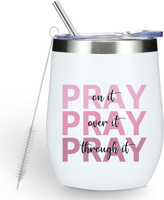 Inspirational Pray Christian Gifts for Women Men Wine Tumbler Insulated Wine Glasses 12 oz Tumbler with Lid Bible Verse Religious Gifts for Mom Grandma Coworker Boss Birthday Christmas Appreciation