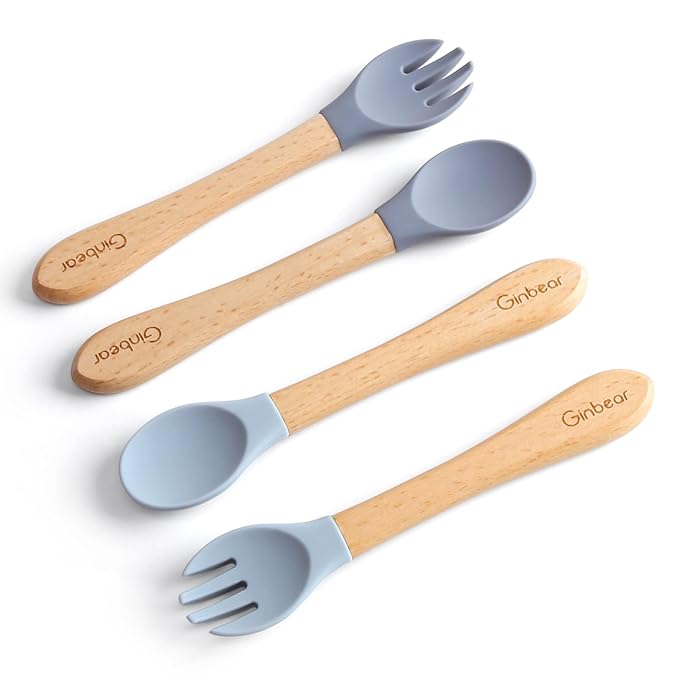 Ginbear Silicone Baby Spoons and Forks Self-feeding 12-18 Months, Soft Tip Baby Flatware Sets for Boy, Toddler Feeding Utensils for Child, 4 Piece Set (Gray/Blue)