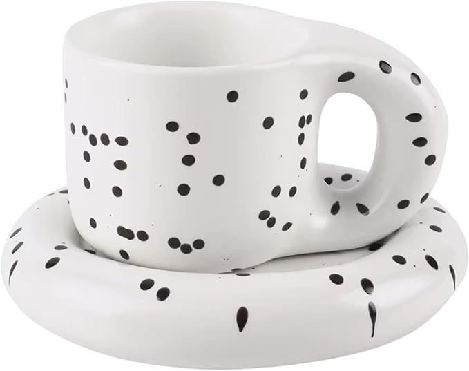 10oz Nordic Ceramic Coffee and Tea Mug – Cute Novelty Cup and Saucer Perfect for Coffee Lovers Gifts and Kitchen Essentials (White w/Black Speckles)
