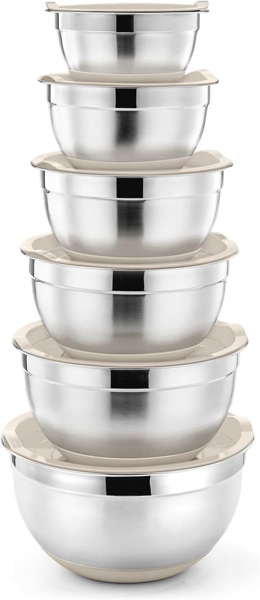 P&P CHEF Mixing Bowls With Lids, Set of 6, Stainless Steel Nesting Mixing Bowls & Fitting Lids & Non-Slip Silicone Bottom, Ideal for Mixing, Storing, Size 0.7/1/1.5/2.5/3/4.6 Qt, Khaki