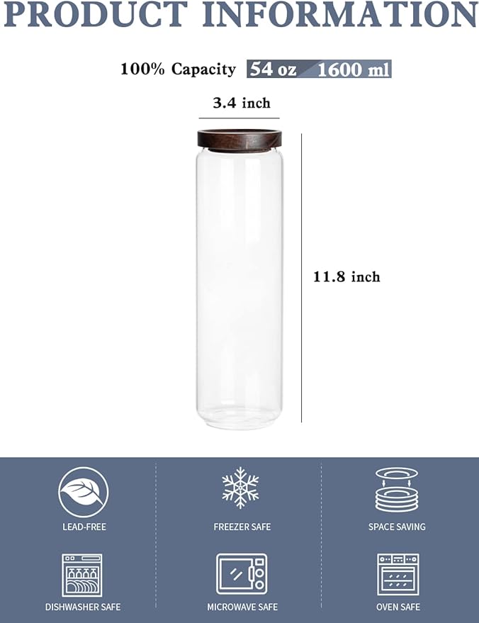 Kanwone Airtight Food Storage Containers Set of 3, 54 Ounce Glass Storage Containers with Bamboo lids, Clear Glass Canisters for Pantry, kitchen, Flour, Sugar, Tea, Coffee, Cookies, Spice and Herbs