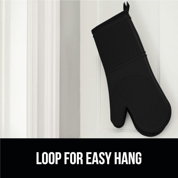 GORILLA GRIP BPA-Free Soft Silicone Oven Mitts, Heat Resistant and Waterproof Cooking Gloves, Thick Cotton Lining, Flexible Gripping for Baking Grilling, Kitchen Potholders Set of 2, 12.5x8.3, Black