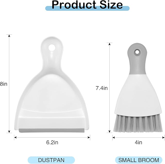 NACENA Mini Dustpan and Brush Set, Small Broom and Dustpan Set Dust Pan and Mini Hand Broom Dustpan and Broom Combo Compact for Home Table Keyboards Sofa Kitchen Pets, White & Gray
