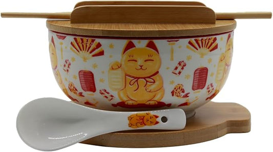XWORLD Japanese Ceramic Ramen Noodle Bowls Set with Ceramic Spoon, Bamboo Chopsticks, Lid & Trivet, Serving Capacity of 33.8 OZ, Microwavable Oven Safety (3.3” x 6.6” D) (Lucky Cat)