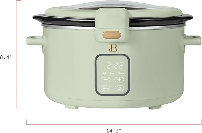Beautiful 4-Qt Programmable Slow Cooker with Hinged Locking Lid & Touch Display – 3 Heat / 4 Timer Settings (Sage Green)