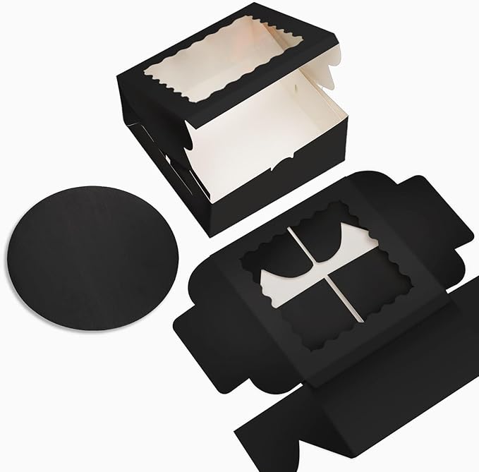 Bakepacker 36pcs 6x6x5 Inches Cake Boxes with Window 18-Packs Black Cake Boxes 6 Inch Bakery Boxes (18 Cake Boxes +18 Cake Boards Included)