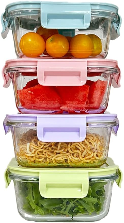 2 Cup Square Glass Food Container with Airtight Lids, Small Glass Square Meal Prep Containers, BPA free 16oz Food Bowls For Soup Snack fruit, Microwave, Dishwasher, Freezer Safe (4 color)