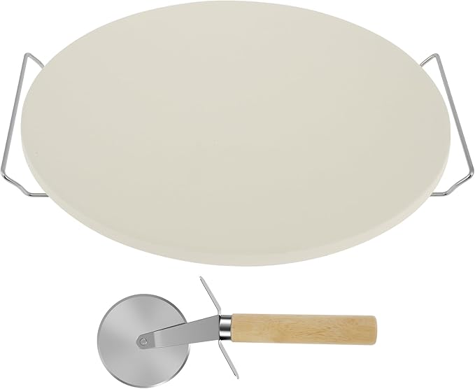13 Inch Round Pizza Stone Pan, Heat Resistant Pizza Stone Baking Tray with Pizza Roller, Heavy Duty Cordierite Pizza Cooking Pan, Easy to Clean Baking Tool Set Suitable for Pizzas