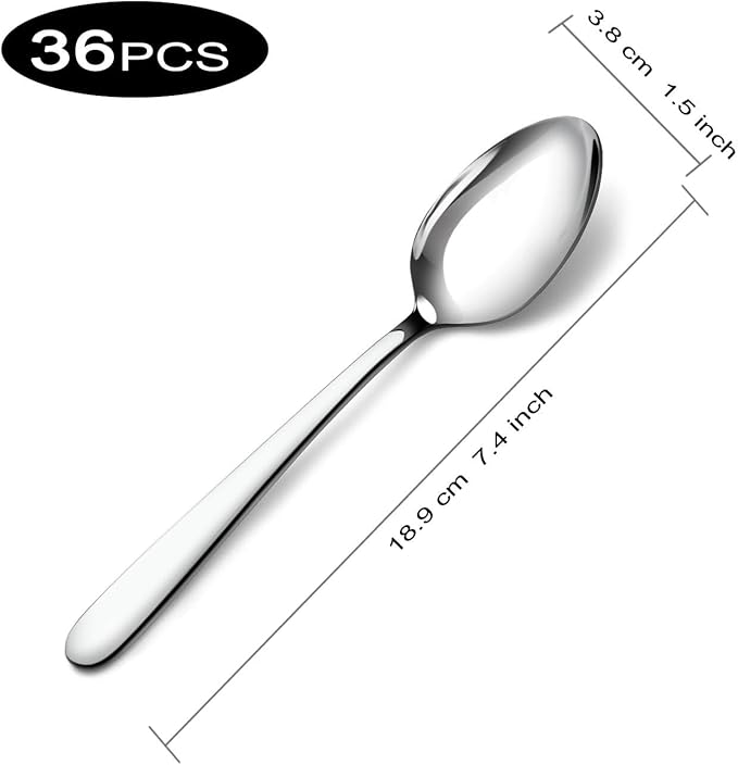 Pleafind 36-Pcs Dinner Spoons Set (7.4 inch), Spoons Silverware, Stainless Steel Spoon, Silver Spoons, Mirror Polished Tablespoon, Silverware Spoons for Home, Kitchen, Restaurant, Dishwasher Safe
