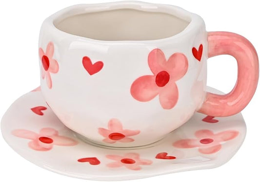 Koythin Ceramic Coffee Mug with Saucer Set, Cute Creative Pink Flower Cup Unique Irregular Design for Office and Home, 10 oz/300 ml for Latte Tea Milk