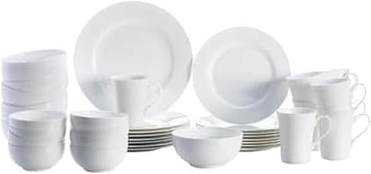 Mikasa Delray 40-Piece White Dinnerware Set, Service for 8, Durable Porcelain Plates, Bowls, and Mugs, Dishwasher and Microwave Safe