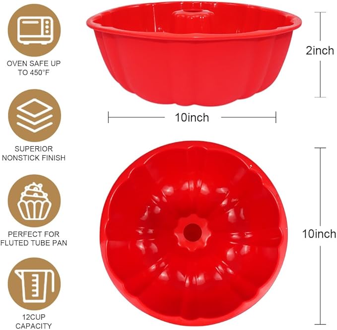 10 inch Silicone Bundt Cake Pan, Non-Stick Silicone Fluted Pans, ome Baking DIY Cake Mold for Cake, Jelly, Bread, Chocolate, Para Gelatinas (Red) (Red, 1 Pack)