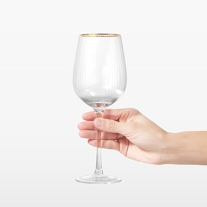 Premium Cheerfull Wine Glasses, 14.2 oz Hand-Blown Glasses with Gold Rim, Fluted Design, Elegant Gift Packaging, Perfect for Special Occasions (4)