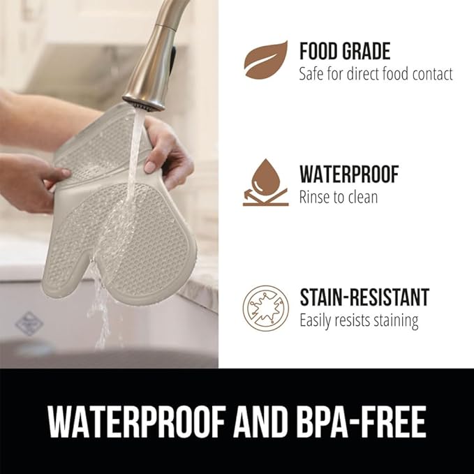 GORILLA GRIP BPA-Free Soft Silicone Oven Mitts, Heat Resistant and Waterproof Cooking Gloves, Thick Cotton Lining, Flexible Gripping for Baking Grilling, Kitchen Potholders Set of 2, 12.5x8.3, Almond