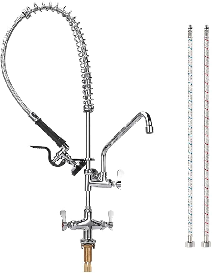 36 Inch Height Deck Mount Commercial Faucet with Pre Rinse Sprayer, Single Hole Commercial Pre Rinse Restaurant Kitchen Faucet with 12” Swing Spout for Commercial Restaurant Home Kitchens Sink