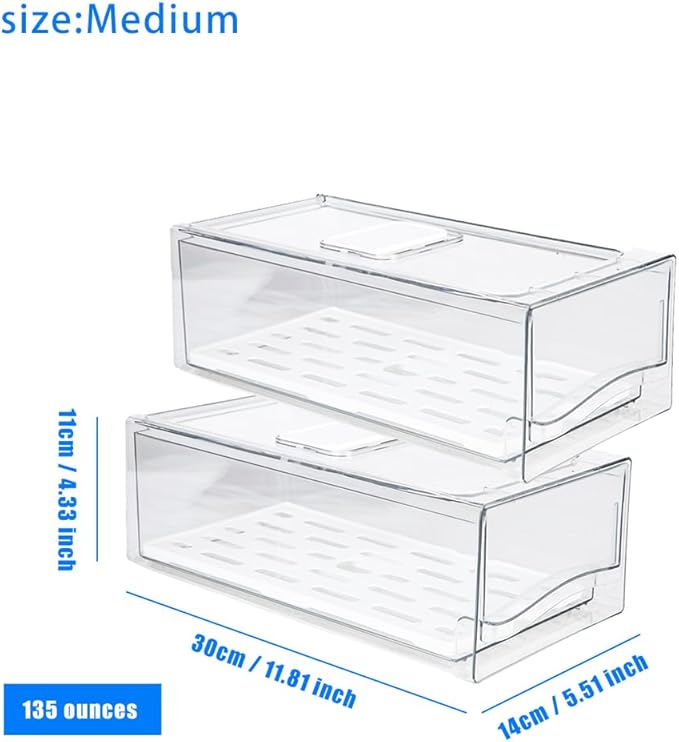 Refrigerator Drawers Pack of 2 With Pull Out Stackable Fridge Organizer Bins, Clear Cabinet Organizers for Kitchen Pantry Food Containers Produce Storage (2 Drawer,Medium)