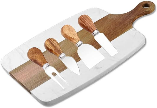 Marble and Acacia Wood Cheese Cutting Board with 4Pcs Cheese Knife Set,Luxury Charcuterie Serving Board w Utensils| Handmade Easy Grip Handle Appetizer Platter Display Tray (13.78 IN*7.08 IN*0.8 IN)