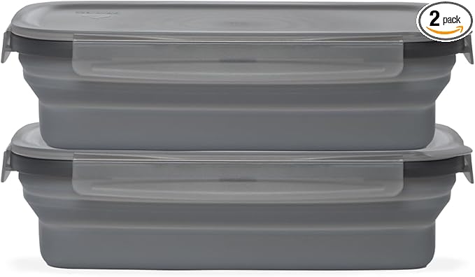 Drip EZ Secondz Collapsible Food Storage Containers – Set of 2, Space-Saving Airtight Meal Prep & Leftover Containers – Microwave, Freezer & Dishwasher Safe, BPA-Free, Locking Lids – Charcoal