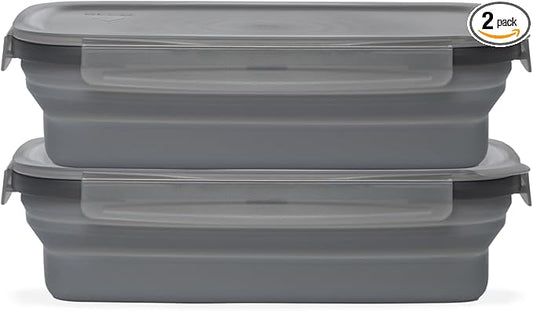 Drip EZ Secondz Collapsible Food Storage Containers – Set of 2, Space-Saving Airtight Meal Prep & Leftover Containers – Microwave, Freezer & Dishwasher Safe, BPA-Free, Locking Lids – Charcoal