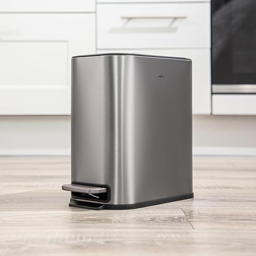 RED FACTOR Slim 1.3 Gallon Stainless Steel Pedal Trash Can with Soft Close Lid for Narrow Spaces – Small Wastebasket Bin with Removable Inner Bucket (Metallic Grey)