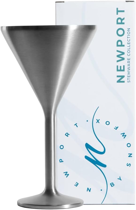 NEWPORT Stemware Collection Premium Vacuum Insulated Stainless Steel Martini Glasses, Lightweight Margarita Glasses, Unbreakable & Drinks Stay Cold, Non-Slip Silicon Base, Cocktail Glasses, 8oz, Steel