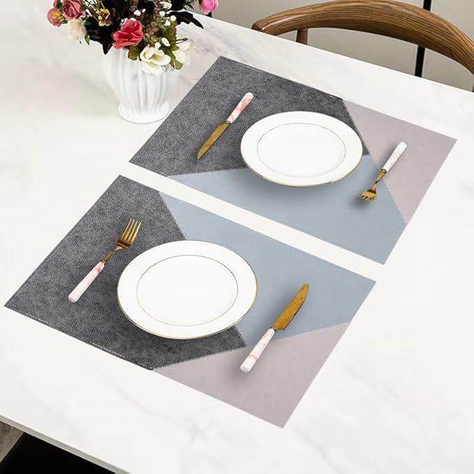 Faux Leather Placemats Set of 6 Reversible,Geometric Pattern PU Placemat for Dining Table,Waterproof Heat Resistant Wipeable Anti Slip Washable Table Mats,Modern Table Protectors