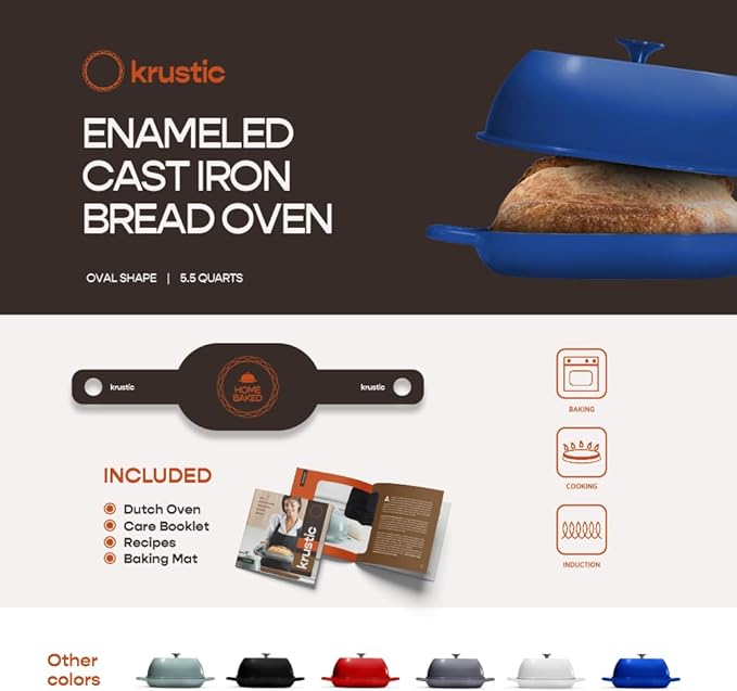 Enameled Cast Iron Dutch Oven for Professional Sourdough Bread Baking | 5.5 Quart Loaf Size Oval Cookware Pot with Lid | Triple-Layer Enamel Coating Pan with Non Stick Silicone Mat | Blue