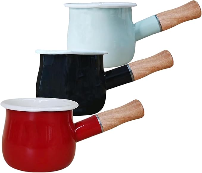 0.6qt Mini Enamel Milk Pot Insulated Wooden Handle 2 Pour Spouts Small Food Warmer Cute Saucepan (D015,RED)