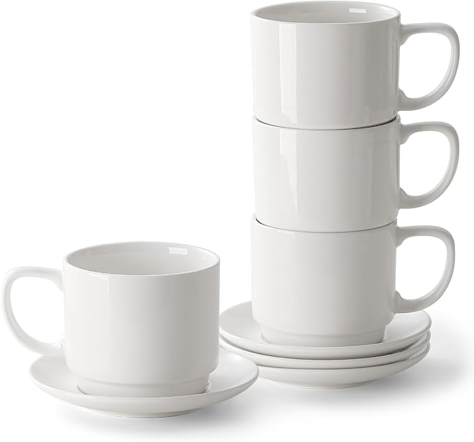 DOWAN 12oz Coffee Mugs, Cappuccino Cup and Saucer Set of 4, White Ceramic Coffee Cups for Latte/Tea/Milk, Tea Cups for Use in Office, Home and Cafes, Microwave Safe