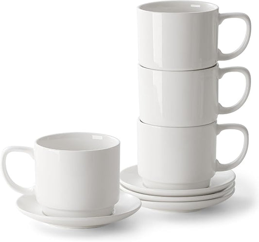DOWAN 12oz Coffee Mugs, Cappuccino Cup and Saucer Set of 4, White Ceramic Coffee Cups for Latte/Tea/Milk, Tea Cups for Use in Office, Home and Cafes, Microwave Safe