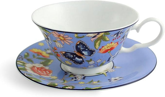 Aynsley Cottage Garden Windsor Fine Bone China English Tea Cup and Saucer Set, 7.4 oz(Blue)